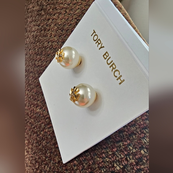 Tory Burch Gold and Pearl Monodance Stud Earrings with Jewelry Pouch NWOT - Picture 5 of 5